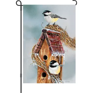 12 in. Christmas Snow Bird Garden Flag - Early Bird Chickadees