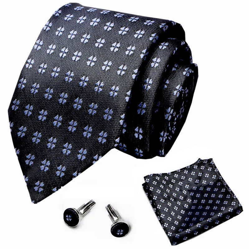 3Pcs Men's Black & Blue Lucky Clover Necktie Set