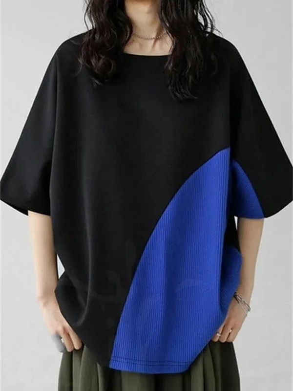 Batwing Sleeves Half Sleeves Contrast Color Round-Neck T-Shirts Tops