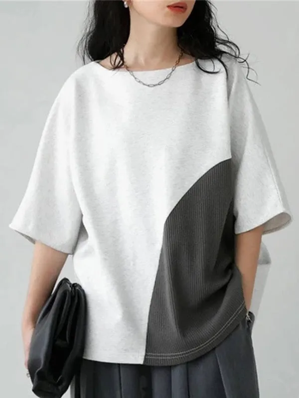 Batwing Sleeves Half Sleeves Contrast Color Round-Neck T-Shirts Tops