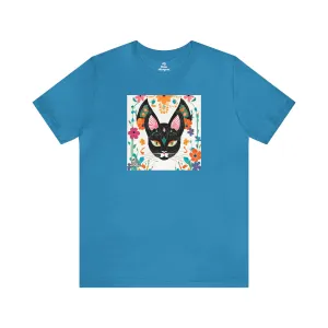 Black Cat w Green Eyes & Flowers, Soft 100% Jersey Cotton T-Shirt, Unisex, Short Sleeve, Retail Fit