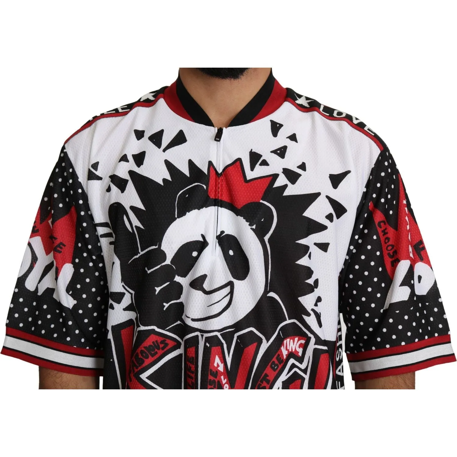 Dolce & Gabbana Chic White King Panda Print Zipper Collar Tee