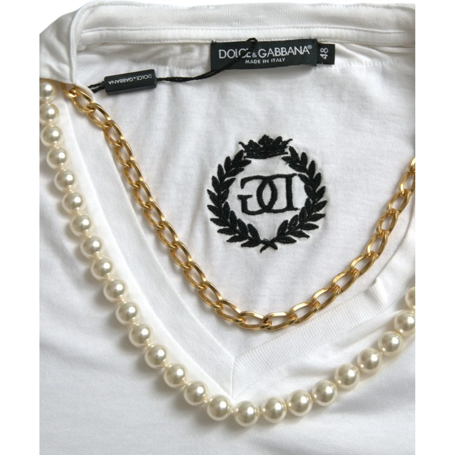 Dolce & Gabbana Elegant White Cotton Tee with Necklace Detail