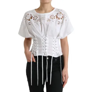 Dolce & Gabbana Elegant White Floral Lace-Up Blouse