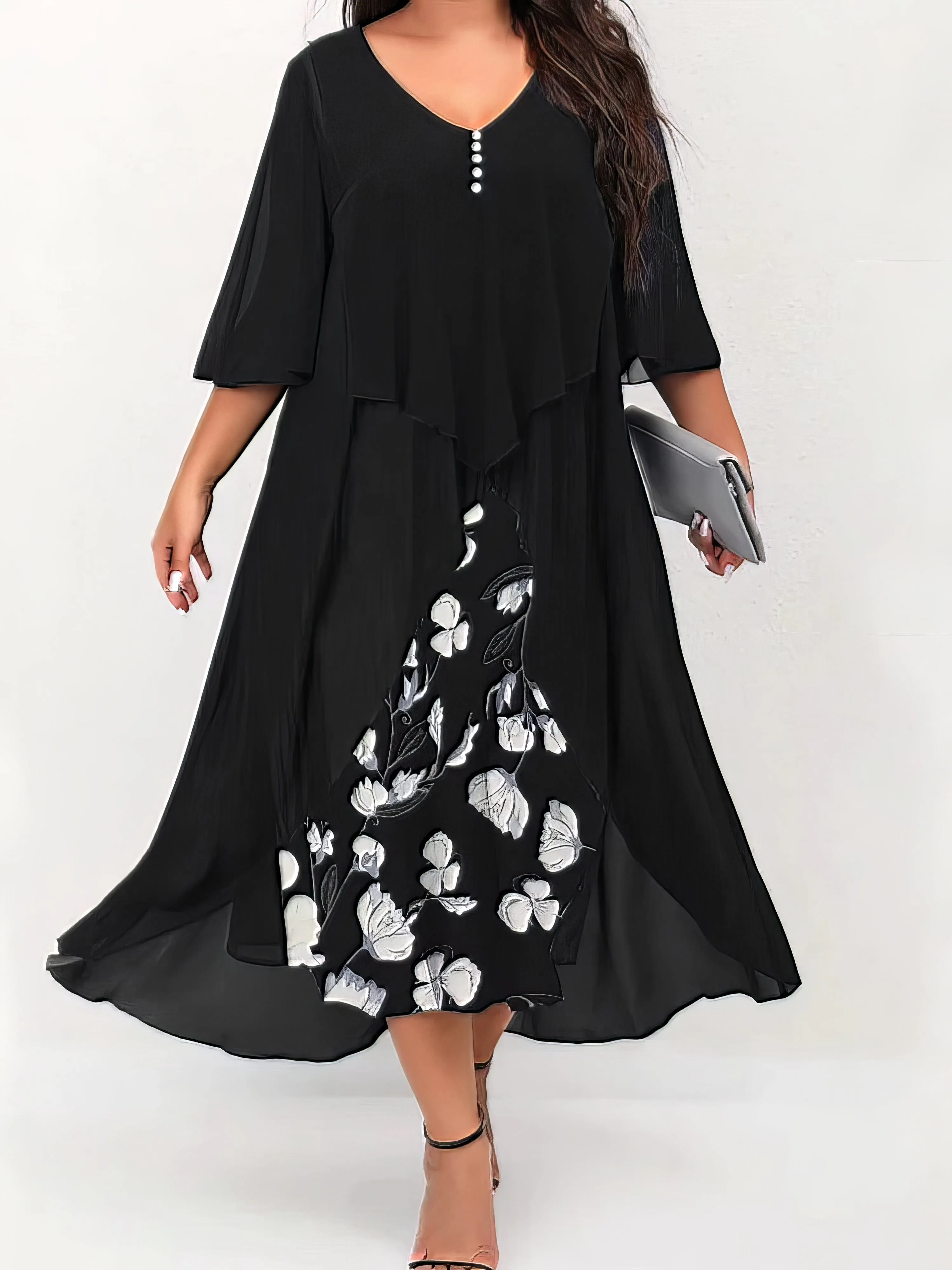 Elegant Floral V-Neck Midi Dress for Women with Curves