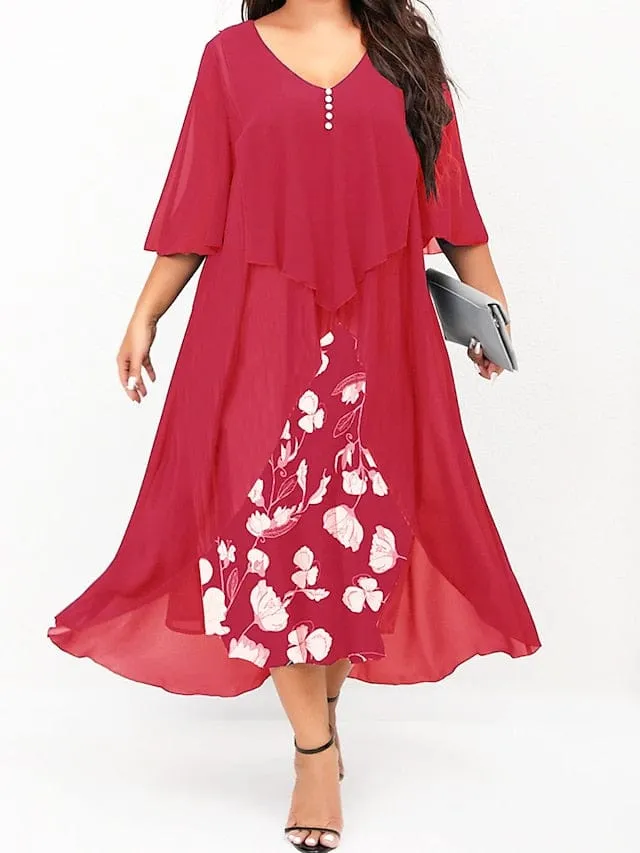 Elegant Floral V-Neck Midi Dress for Women with Curves