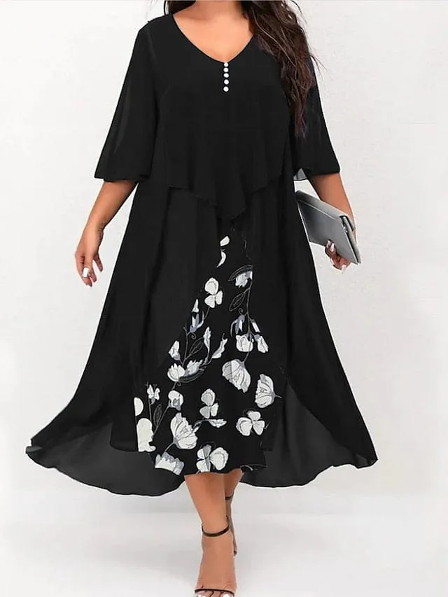 Elegant Floral V-Neck Midi Dress for Women with Curves