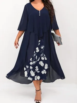 Elegant Floral V-Neck Midi Dress for Women with Curves