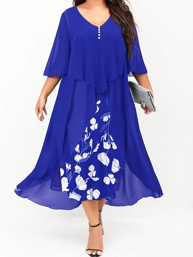 Elegant Floral V-Neck Midi Dress for Women with Curves