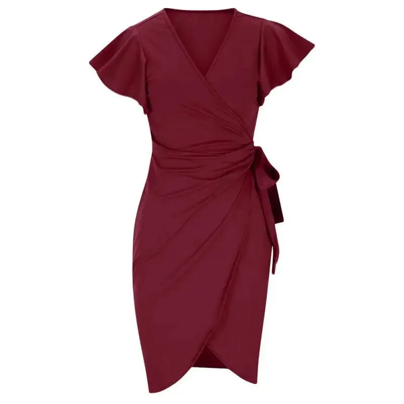 Elegant V-neck Pleated Bell Sleeve Dress