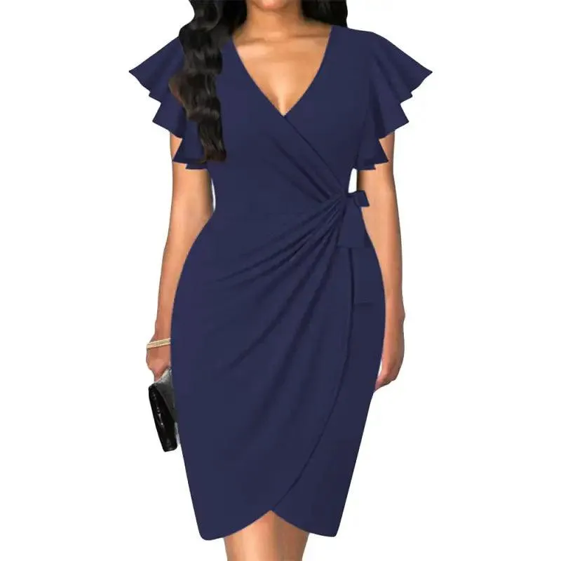 Elegant V-neck Pleated Bell Sleeve Dress