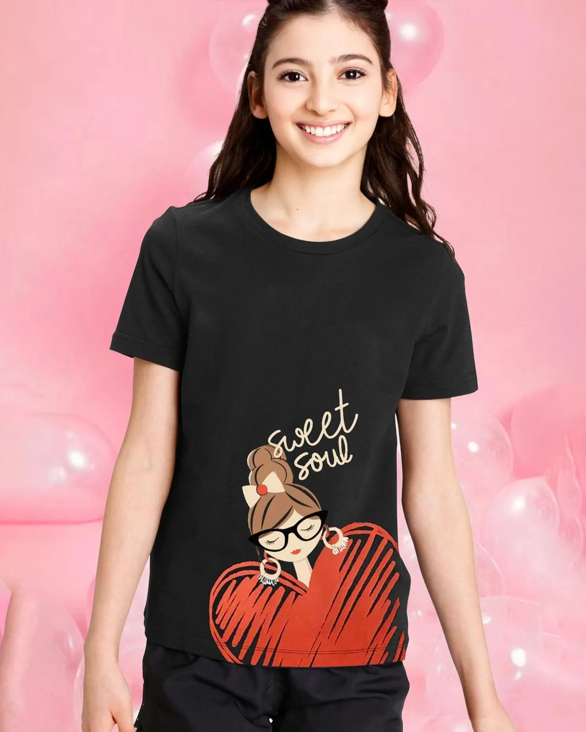 Girls Black Printed Round Neck Half Sleeve T-Shirt