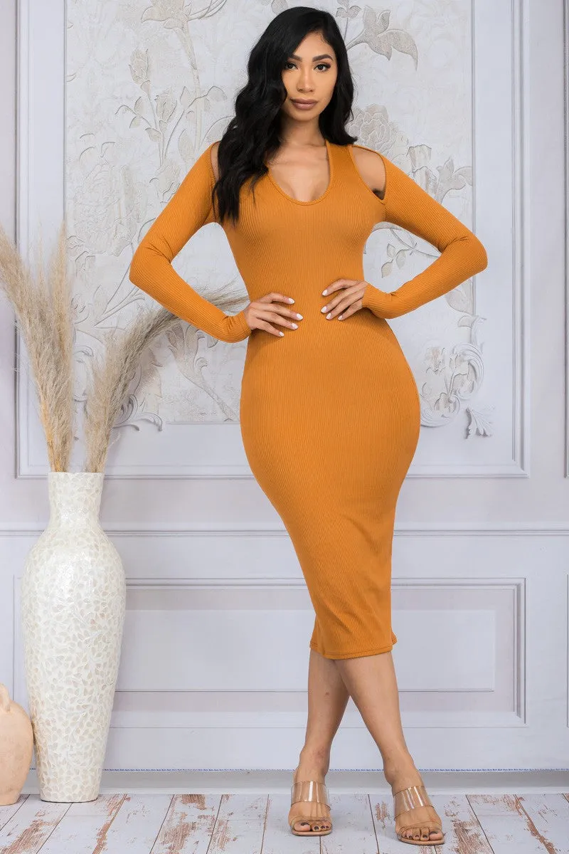 HH659R-SOL - COLD SHOULDER RIBBED DRESS