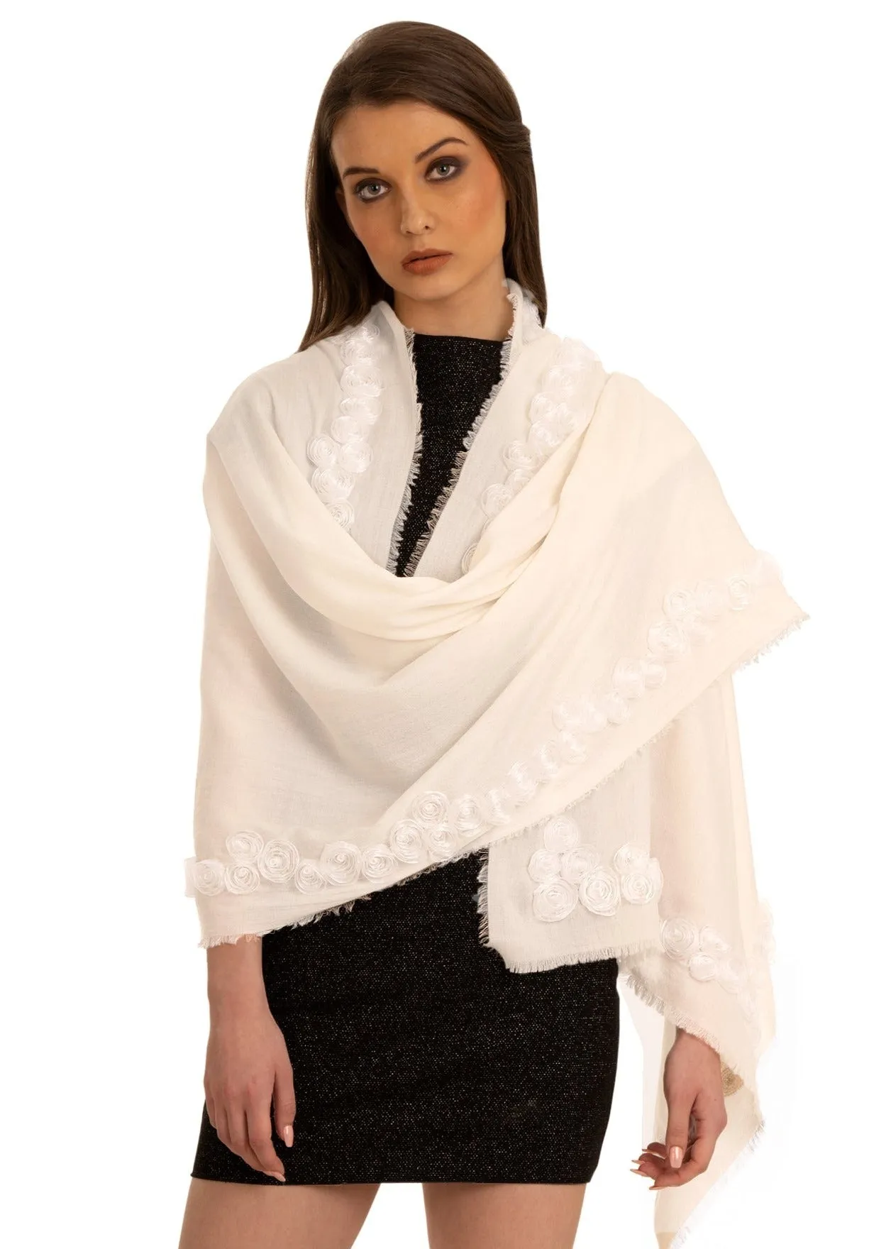 Ivory Cashmere Scarf with Ivory Ribbon Rose Border