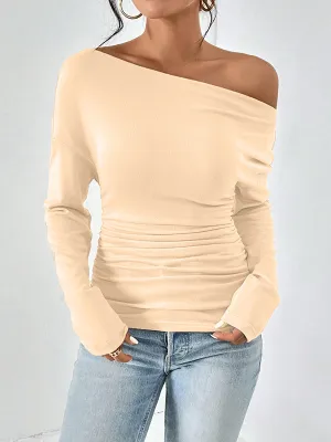 Long Sleeves Skinny Solid Color One-Shoulder T-Shirts Tops