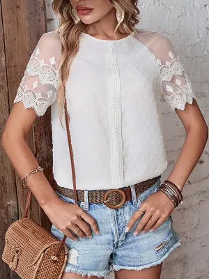 Loose Lace Short Sleeves See-Through Split-Joint Round-Neck T-Shirts Tops