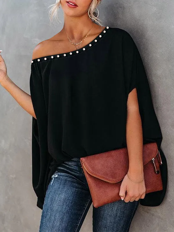 Loose Raglan Sleeve Beaded One-Shoulder T-Shirts Tops