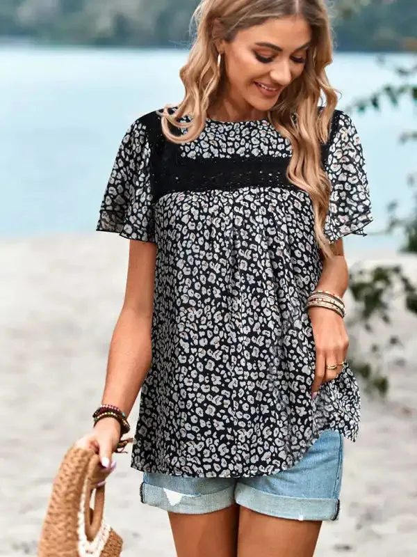 New Elegant Casual Floral Round Neck Short Sleeve Top