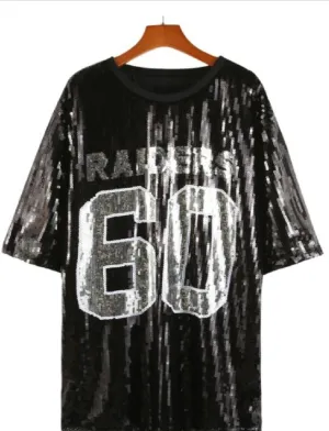 Raiders sequence black dress with silver lettering symbol graphics