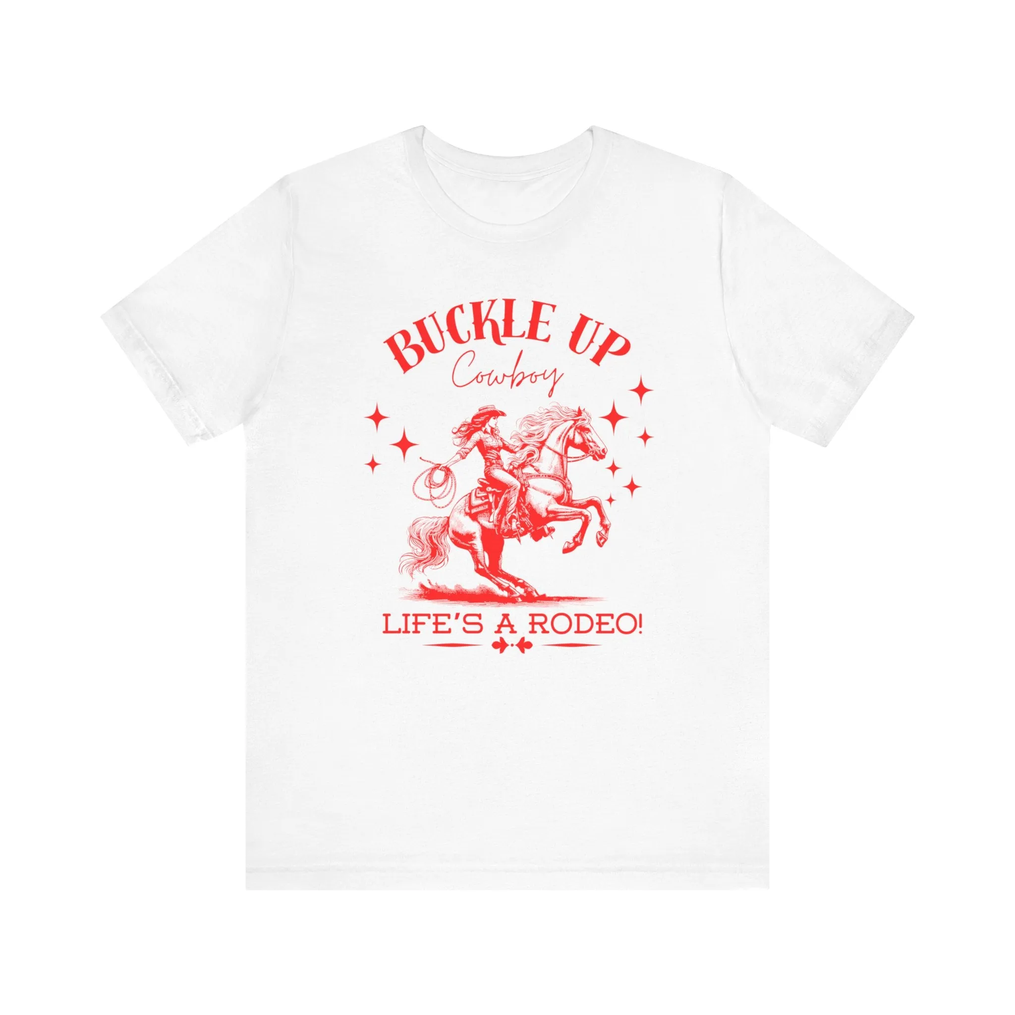 Red Buckle Up Cowboy Bella Canvas Unisex Jersey Short Sleeve Tee