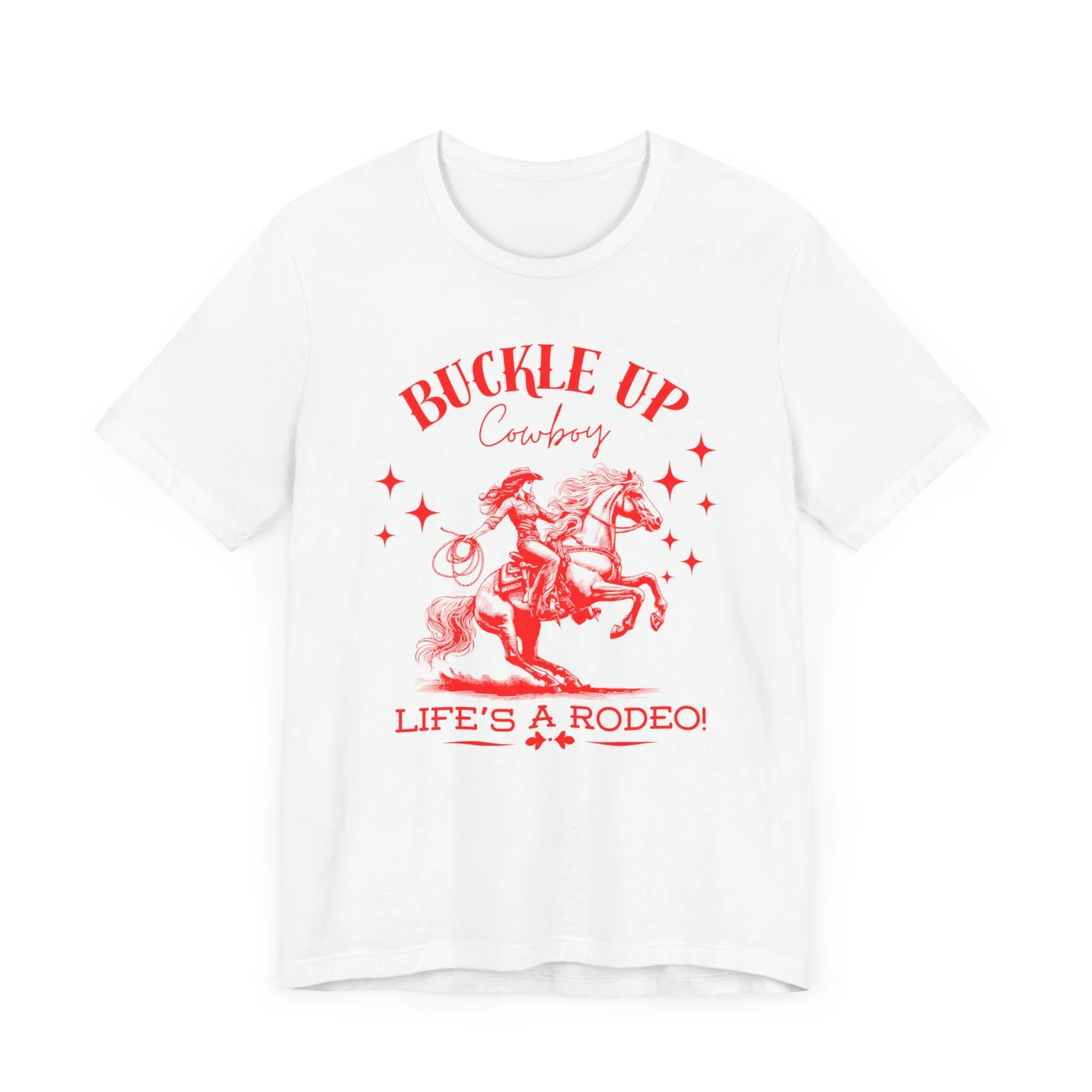 Red Buckle Up Cowboy Bella Canvas Unisex Jersey Short Sleeve Tee