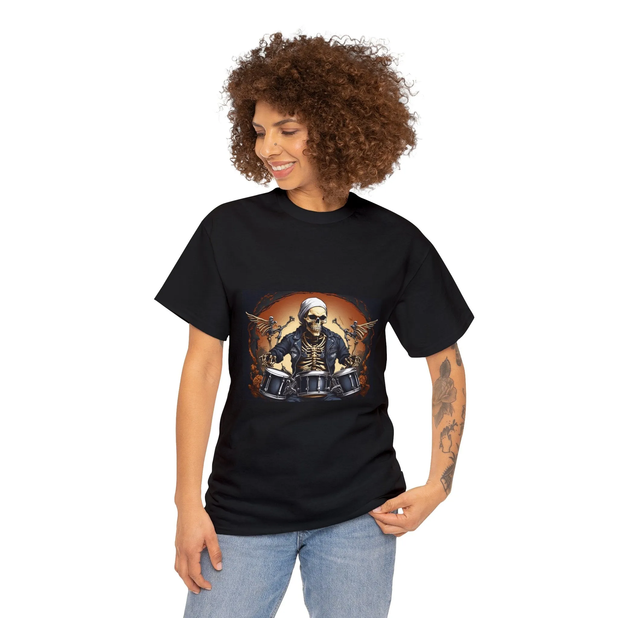 Unisex Heavy Cotton Tee With Skeleton Drummer