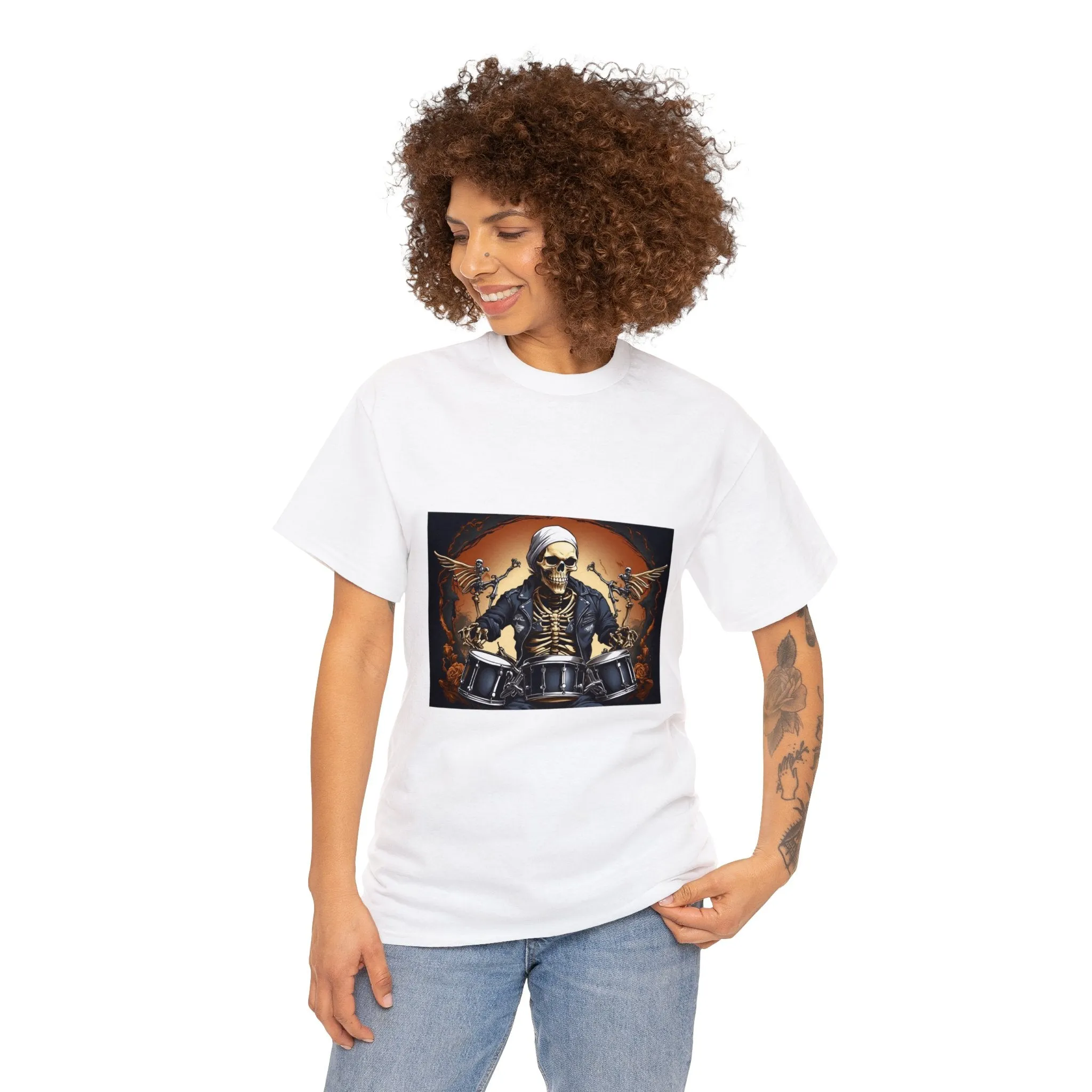 Unisex Heavy Cotton Tee With Skeleton Drummer