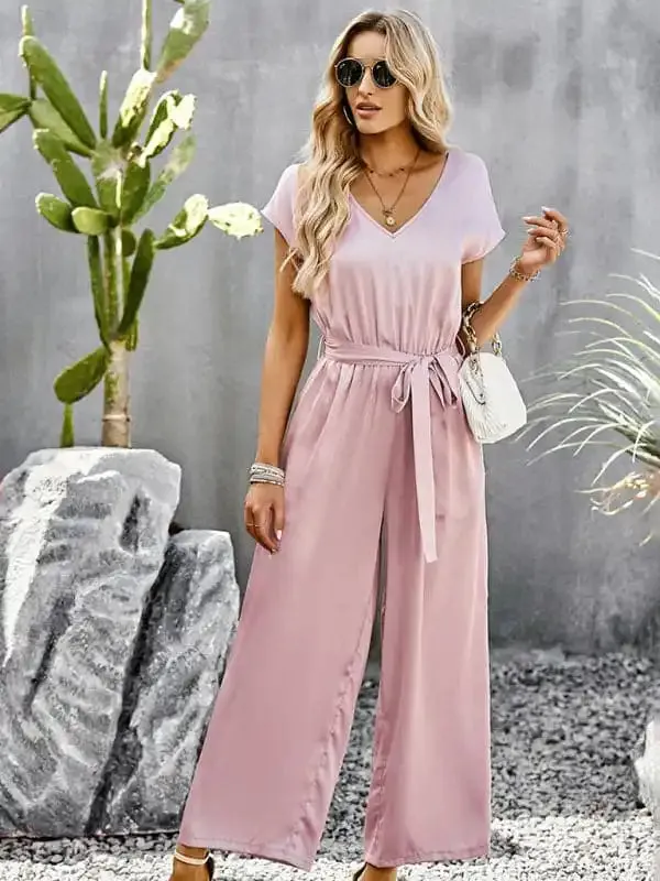 Women’s Elegant Solid Color V Neck Jumpsuit