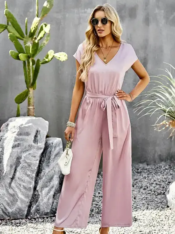 Women’s Elegant Solid Color V Neck Jumpsuit