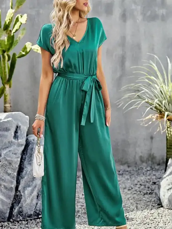 Women’s Elegant Solid Color V Neck Jumpsuit