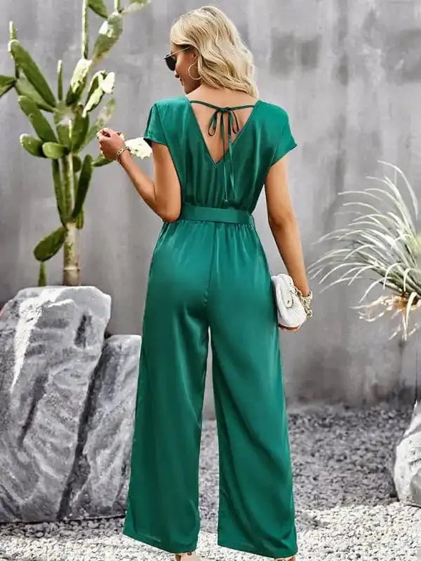 Women’s Elegant Solid Color V Neck Jumpsuit