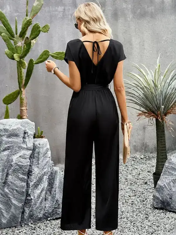 Women’s Elegant Solid Color V Neck Jumpsuit