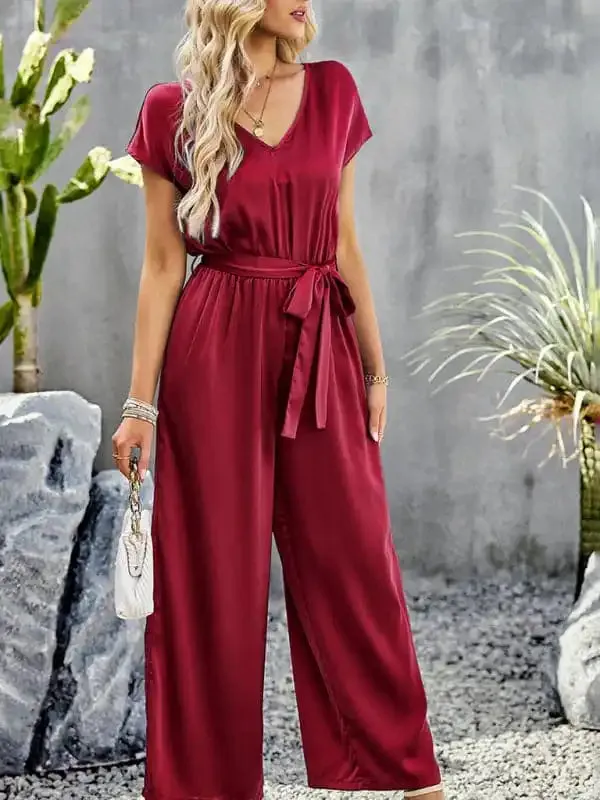 Women’s Elegant Solid Color V Neck Jumpsuit