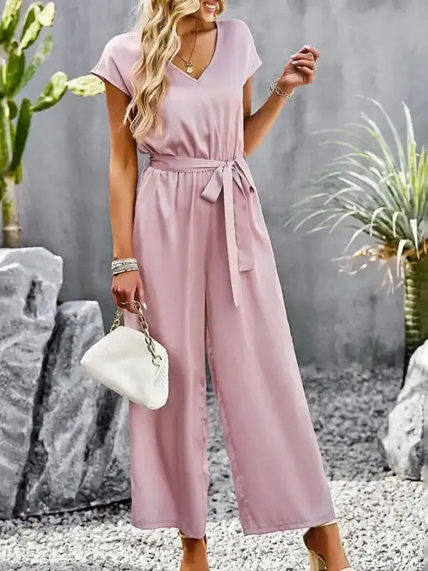 Women’s Elegant Solid Color V Neck Jumpsuit