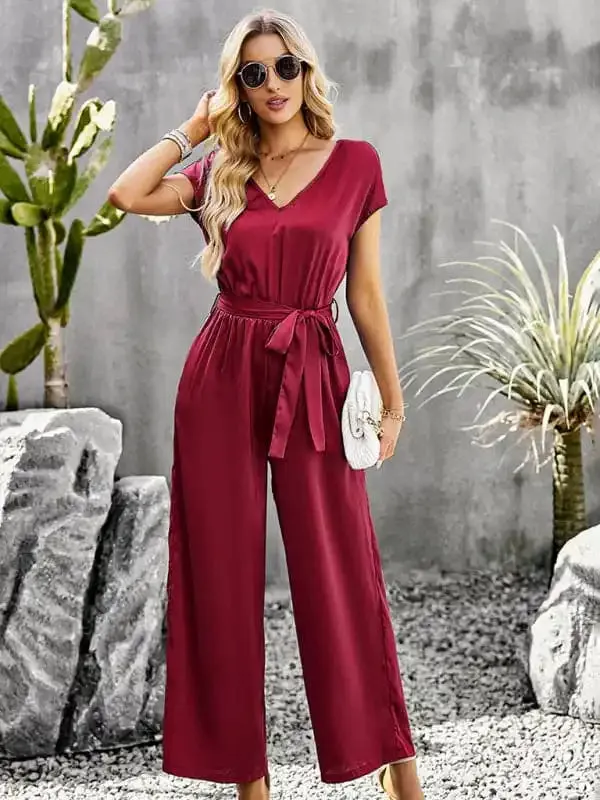 Women’s Elegant Solid Color V Neck Jumpsuit