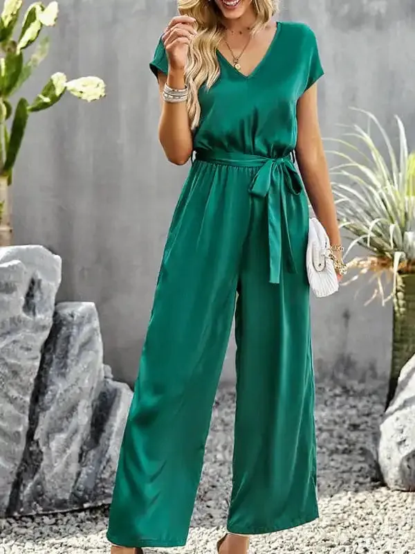 Women’s Elegant Solid Color V Neck Jumpsuit